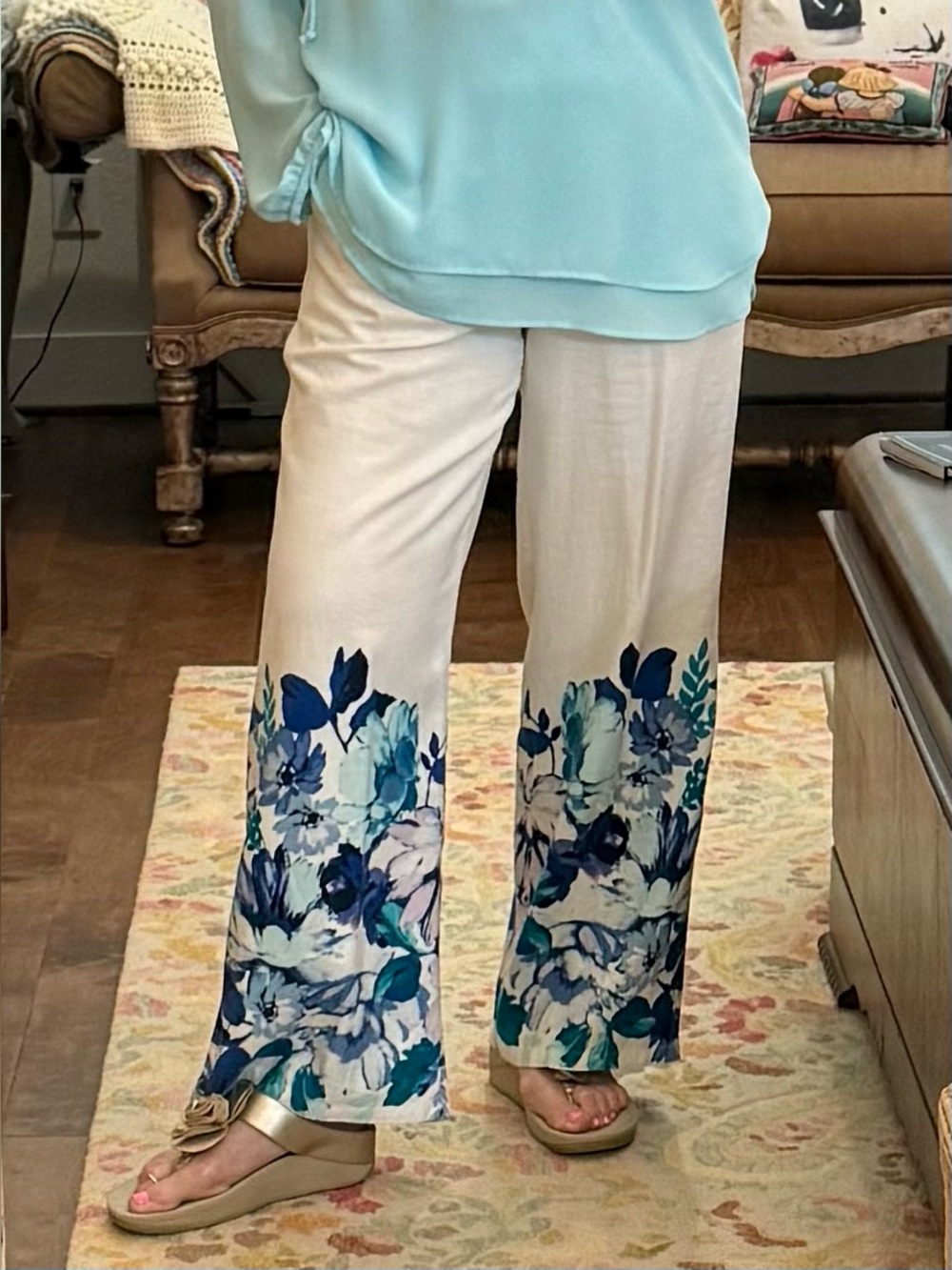 Soft Surroundings White wide leg Pants with colorful floral hems